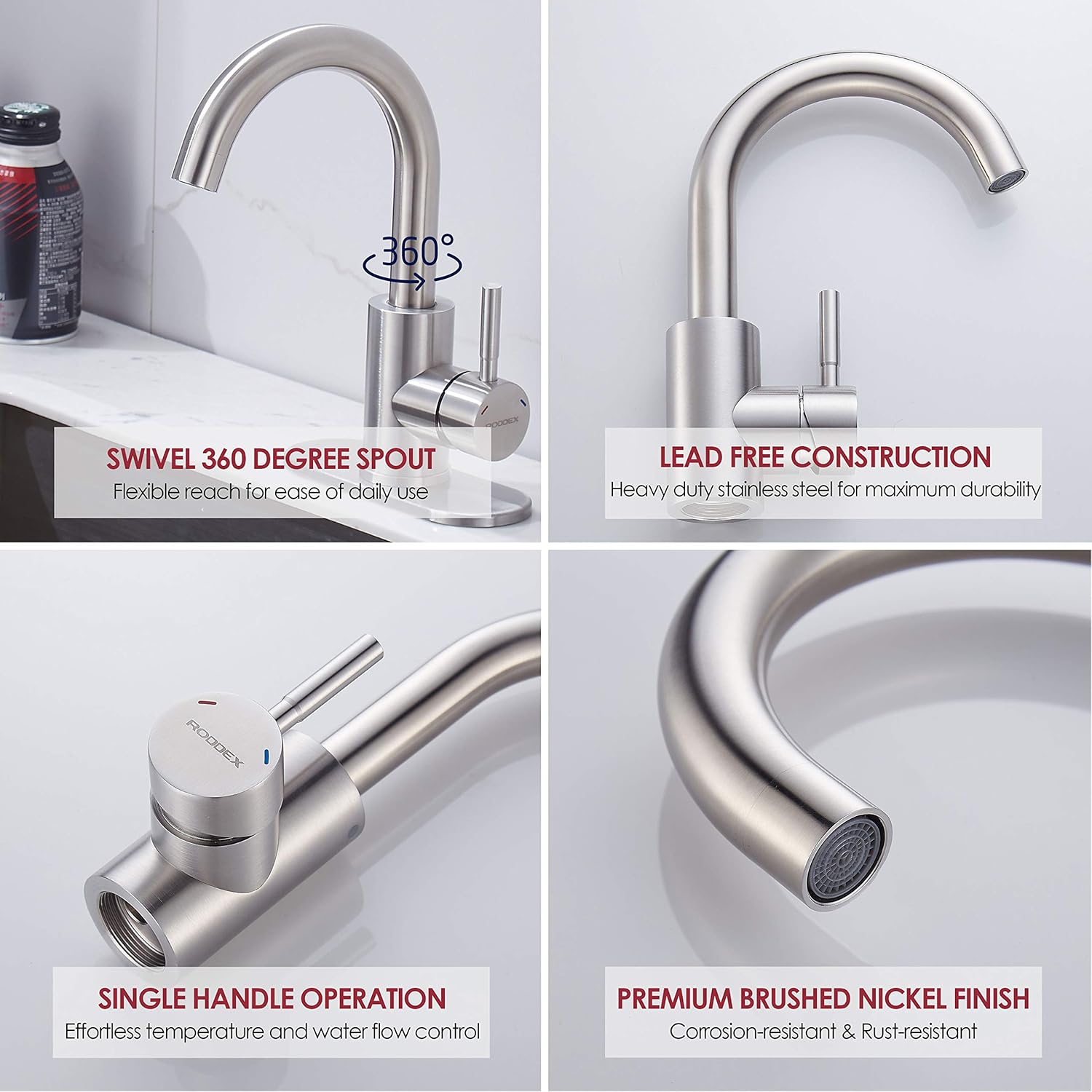 Wet Bar Sink Faucet, Stainless Steel 360 Swivel Bar Mixer with 3 Hole Cover Deck Plate, Small Modern Single Handle Tap for Kitchen Bath Bathroom Sink, Brushed Nickel …