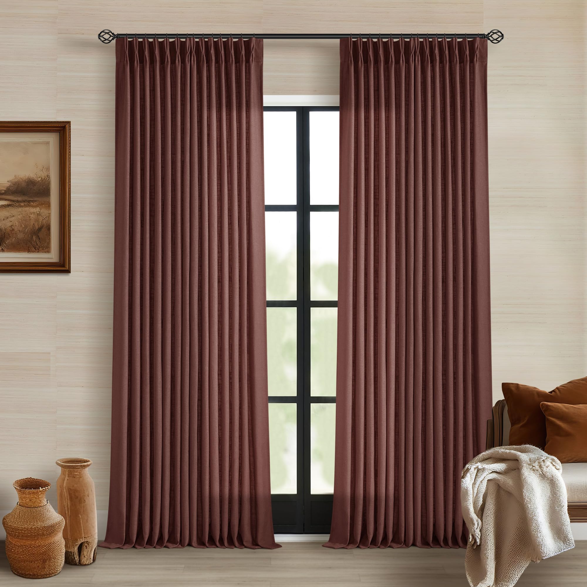 Brick Brown Pinch Pleated Light Filtering Linen Curtains 90 Inches Long