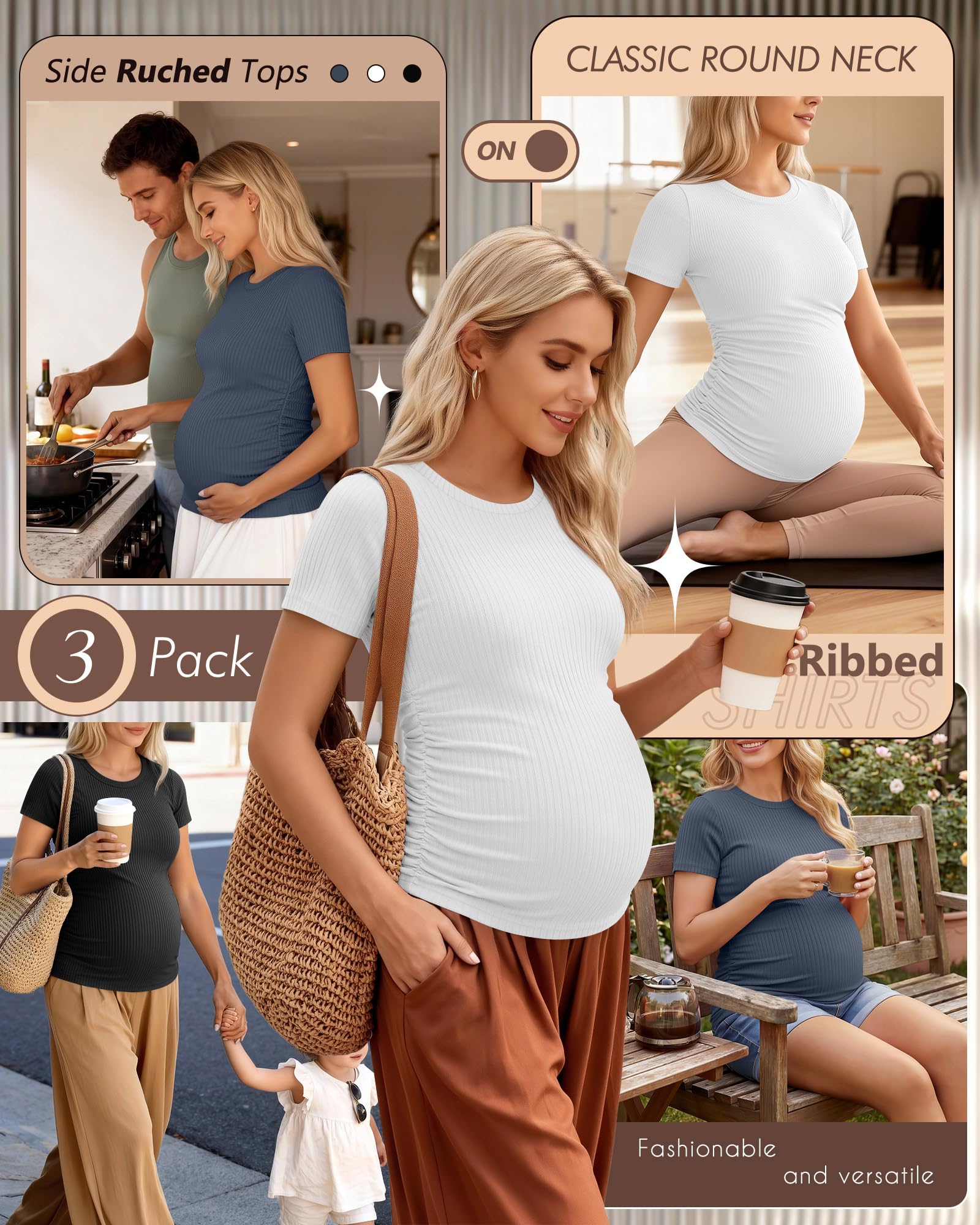 Ficerd Paquete de 3 Camisetas de Maternidad de Algodón, Manga Corta, Arrugas Laterales, Tejido Canalé