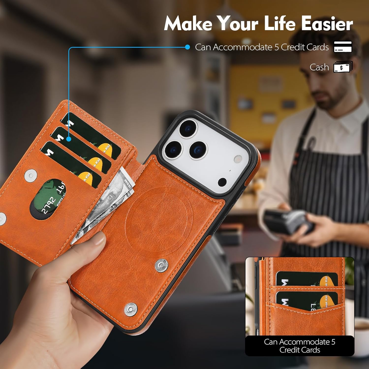 Compatible with Magsafe for iPhone 17 Pro Max Wallet Case with Card Holder,Women Men Phone Case PU Leather Kickstand Flip Protective Cover Credit Card Slots,for Apple 17 ProMax,Orange - Image 4