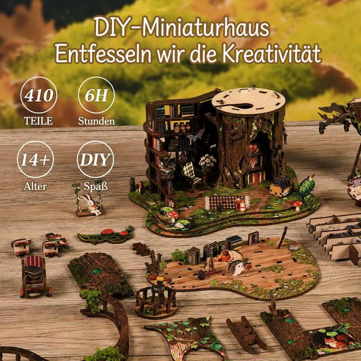 DIY Miniature House Kit, Forest Tea Book Club Fantasy Fairy Forest 3D Wooden Dollhouse with LED Light, Wooden Puzzle Building Model Kit, Stress Relief Creative Craft Gift for Adults Teens