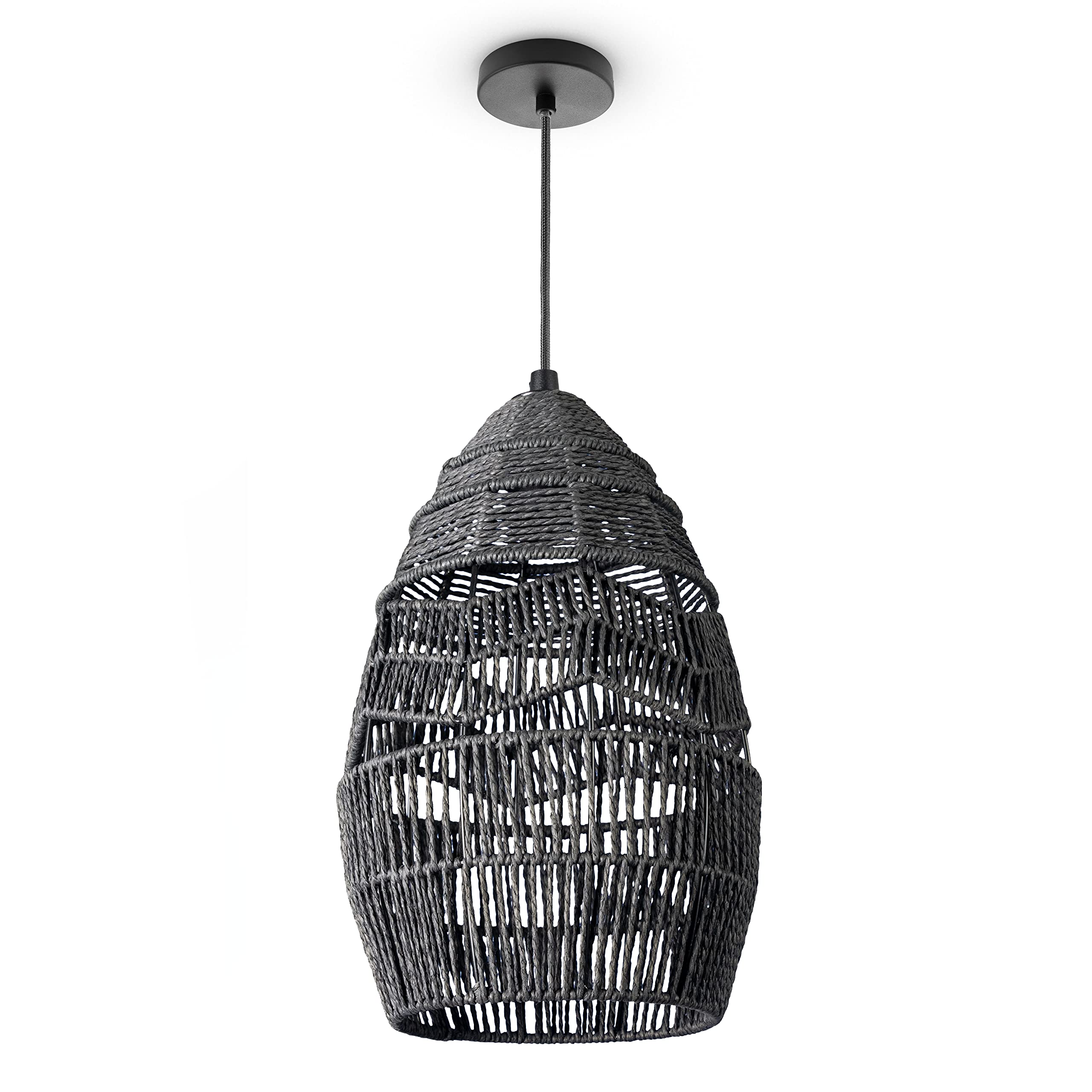 Paco Home Pendelleuchte Wohnzimmer Boho Korbleuchten Pendellampe Rattan Hängeleuchte Esszimmer Lampe Papier E27, Lampenart:Pendelleuchte - Typ 4, Farbe:Schwarz (Ø30cm)