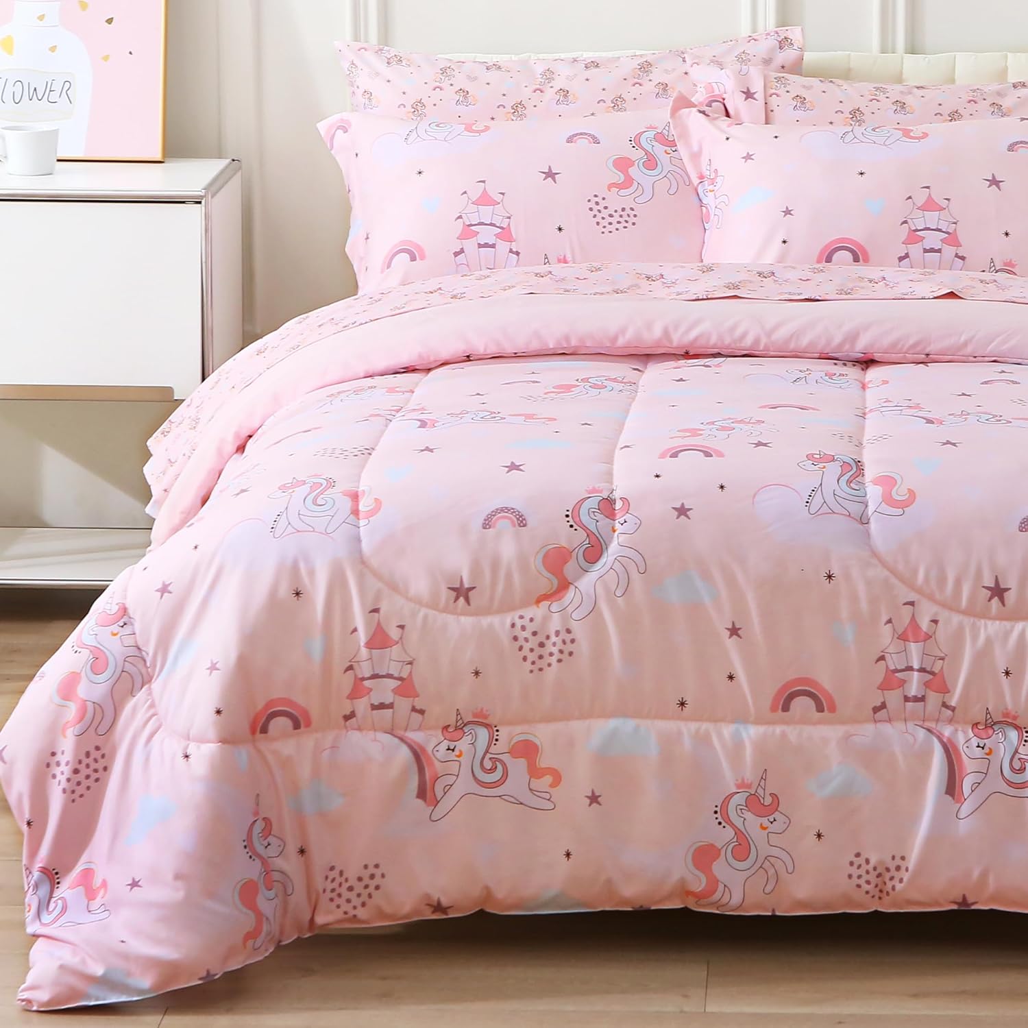 Viviland Kids Full Bedding Sets for Girls, Soft Full Comforter Set with Sheets, 7 Pieces Microfiber Bed in a Bag, Pink Unicorn