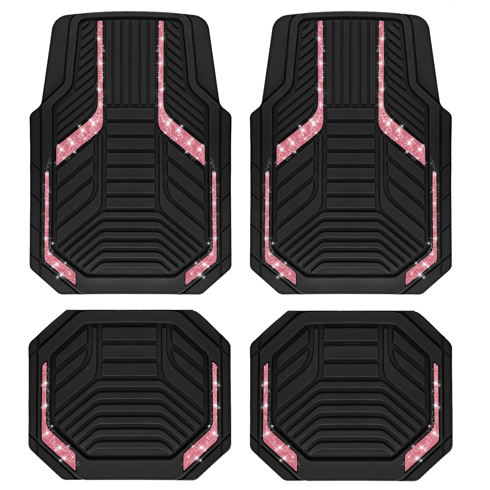 Photo 1 of PIC AUTO Car Floor Mats, Hot Pink Sparkly Crystal Bling Glitter Car Mats Set, Front and Rear Heavy Duty Rubber Car Mats with Anti-Slip Backing, All Weather, Trim-to-Fit for SUVs, Trucks, Sedan, Vans