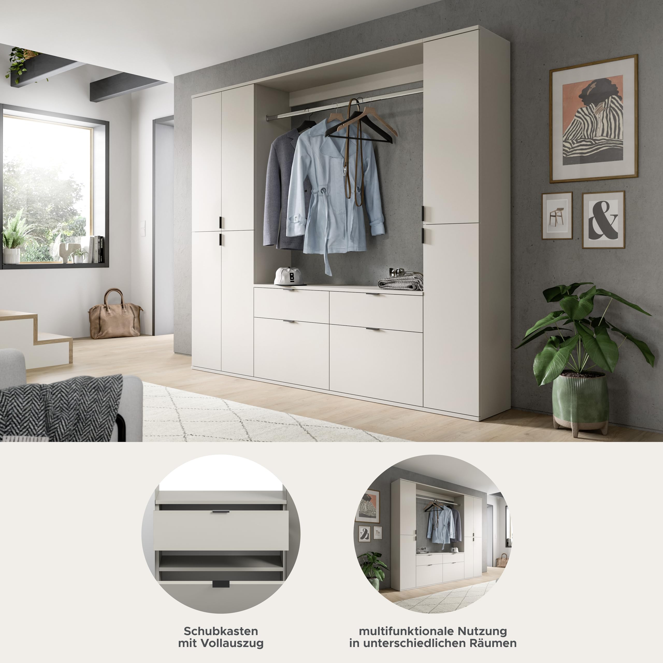 xonox.home – 3 TLG. Garderobenkombination Projekt X 212x193x34 cm in Kaschmir Melamin – Set mit breitem Hochschrank, breiter Kommode & Wandboard – Großzügige Schrankkombination für die ganze Familie