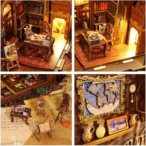 Miniatura 5 de ROCOXIA Kit de rincón de libros para bricolaje, estante de libro, kit de miniaturas iluminadas, sujetalibros para libros, rincones de libros, kit de