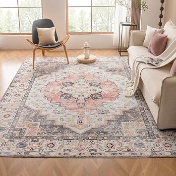 VK VKLIVING Machine Washable Rug 5x7 Vintage Design Washable Area Rugs with Non Slip Rugs for Living Room Bedroom Traditional Woven Carpet Stain Resistant, Dining Office Boho Rug Mistyrose