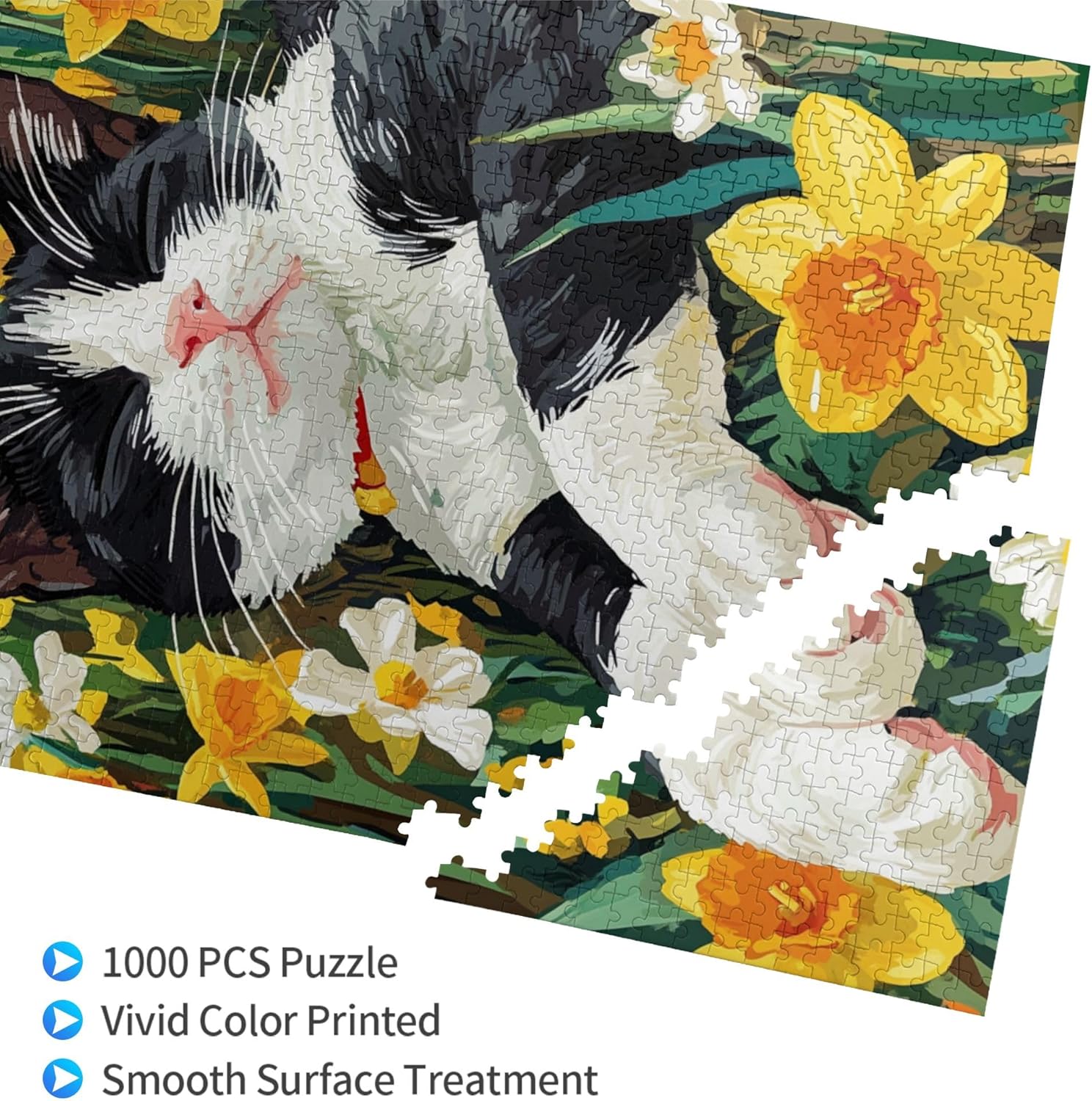Spring Flowers Cat Puzzle – 1000 Piece Wooden Puzzle for Adults, Relaxed Black and White Cat Among Colorful Daffodils