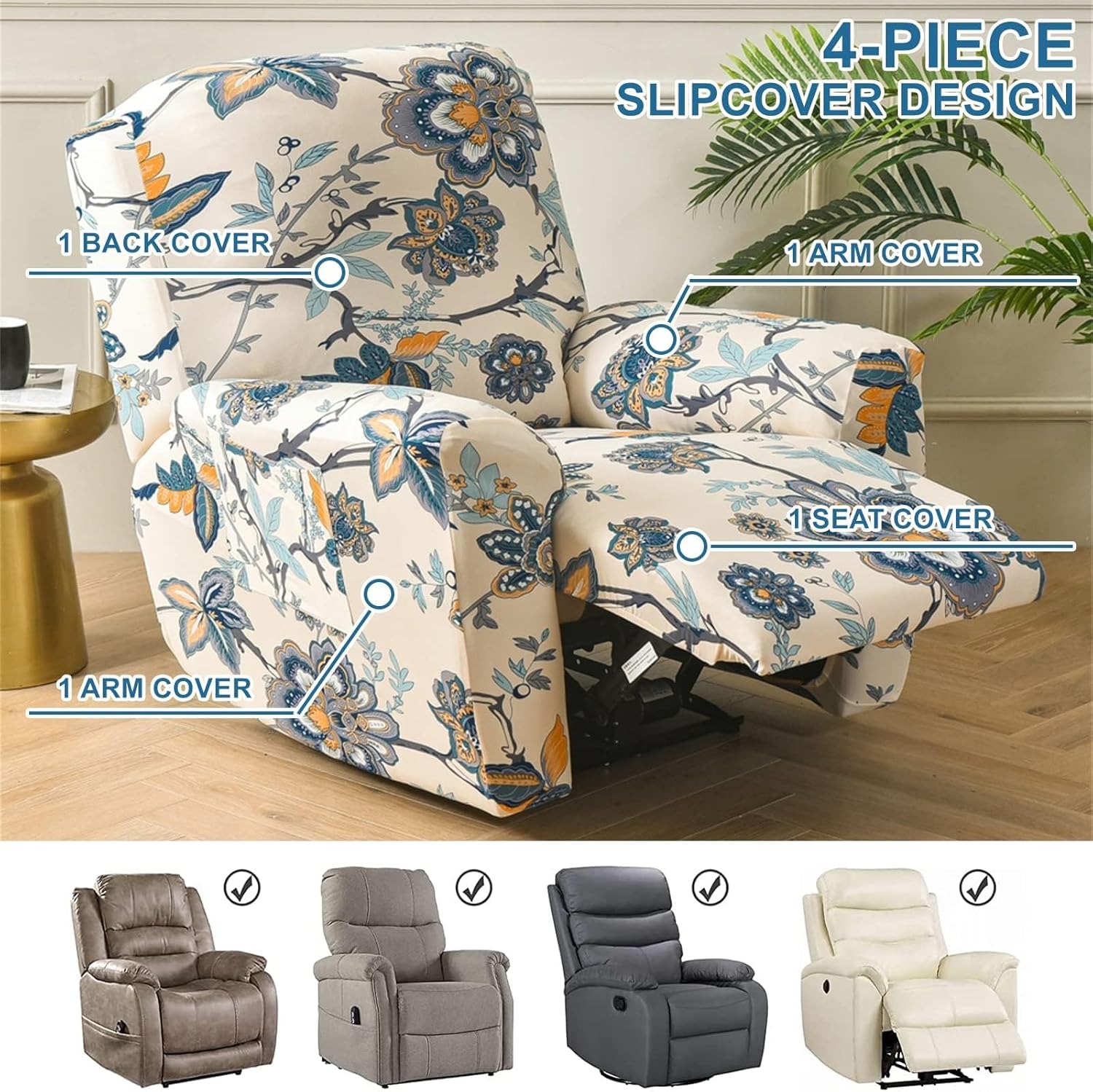 Eco-Ancheng Recliner Slipcovers 4-Pieces Lazyboy Recliner Covers Recliner Couch Covers Recliner Chair Cover Non Slip Reclining Slipcovers with Storage Pockets Furniture Protector for Living Room