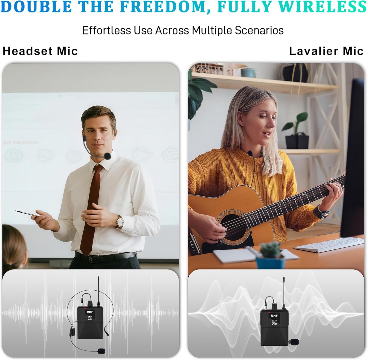 4 Channel Wireless Lapel Microphone System with 4 Headset Mics, 4 Lavalier Mics, UHF Metal Receiver, 4 Bodypacks, Independent Volume Control, 262ft Range for Home, Classroom, Church, Events - Image 2