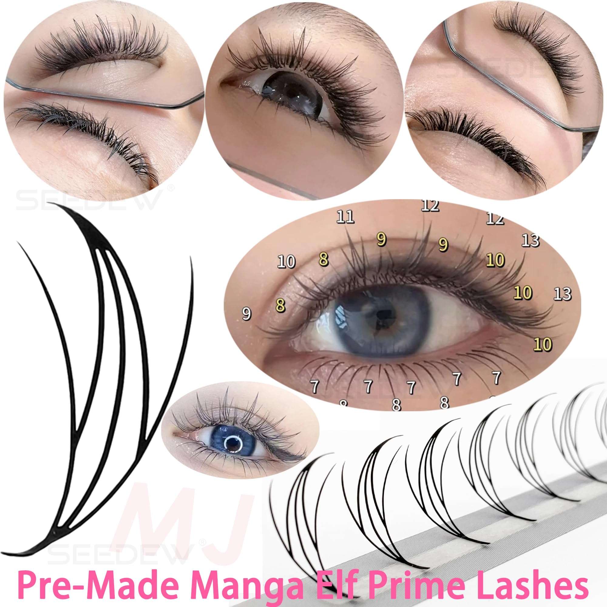SEEDEW Pre-Made Manga Elf Prime Lashes, MJ-96PCS D Curl MIX8-15mm 0.07mm 12 Rows/Tray, Quickly Apply, Beginner Friendly - Image 4