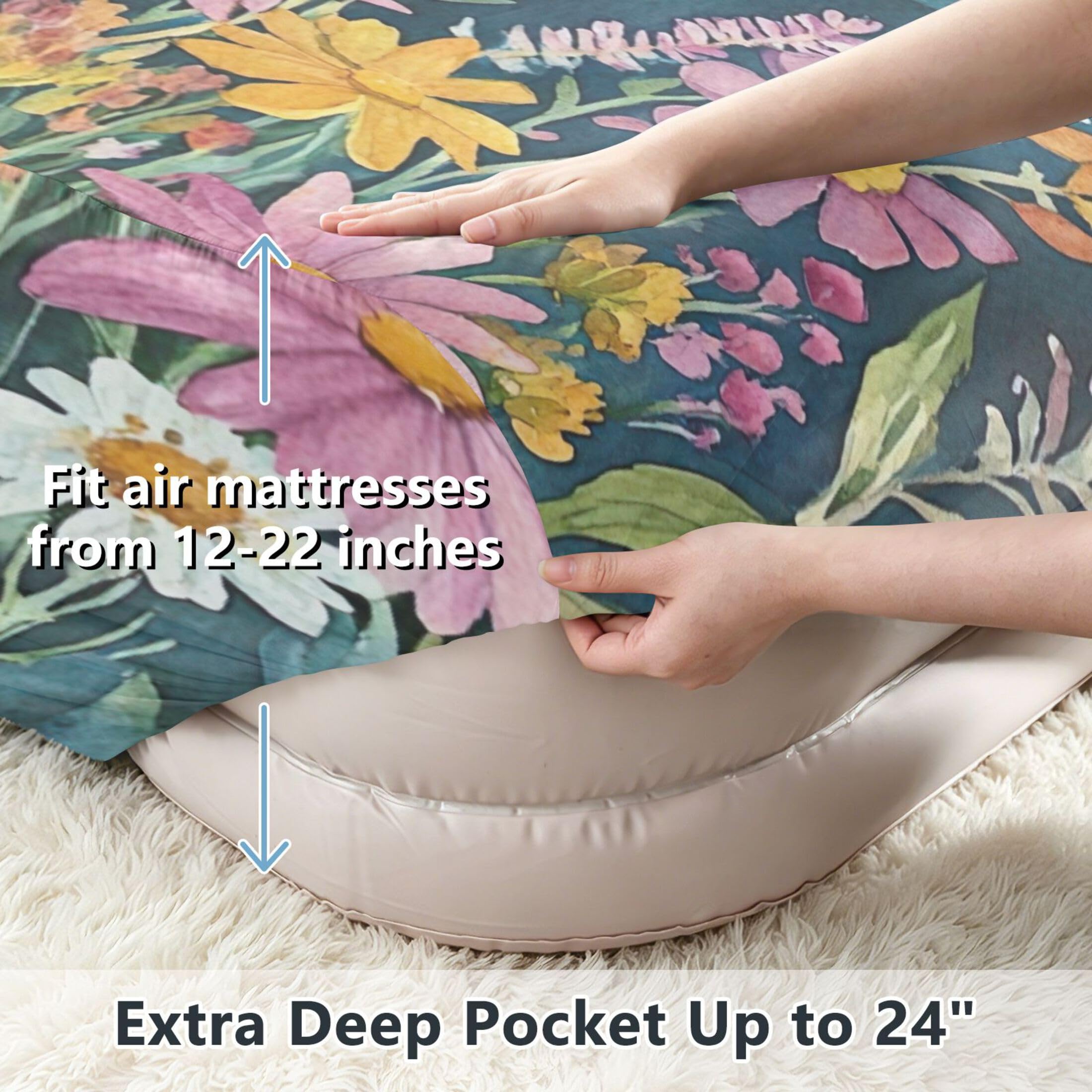 Sábana bajera individual con flores silvestres con montañas para colchón de aire, bolsillo extra profundo de 24 pulgadas, funda suave y transpirable con apertura de válvula de cremallera para