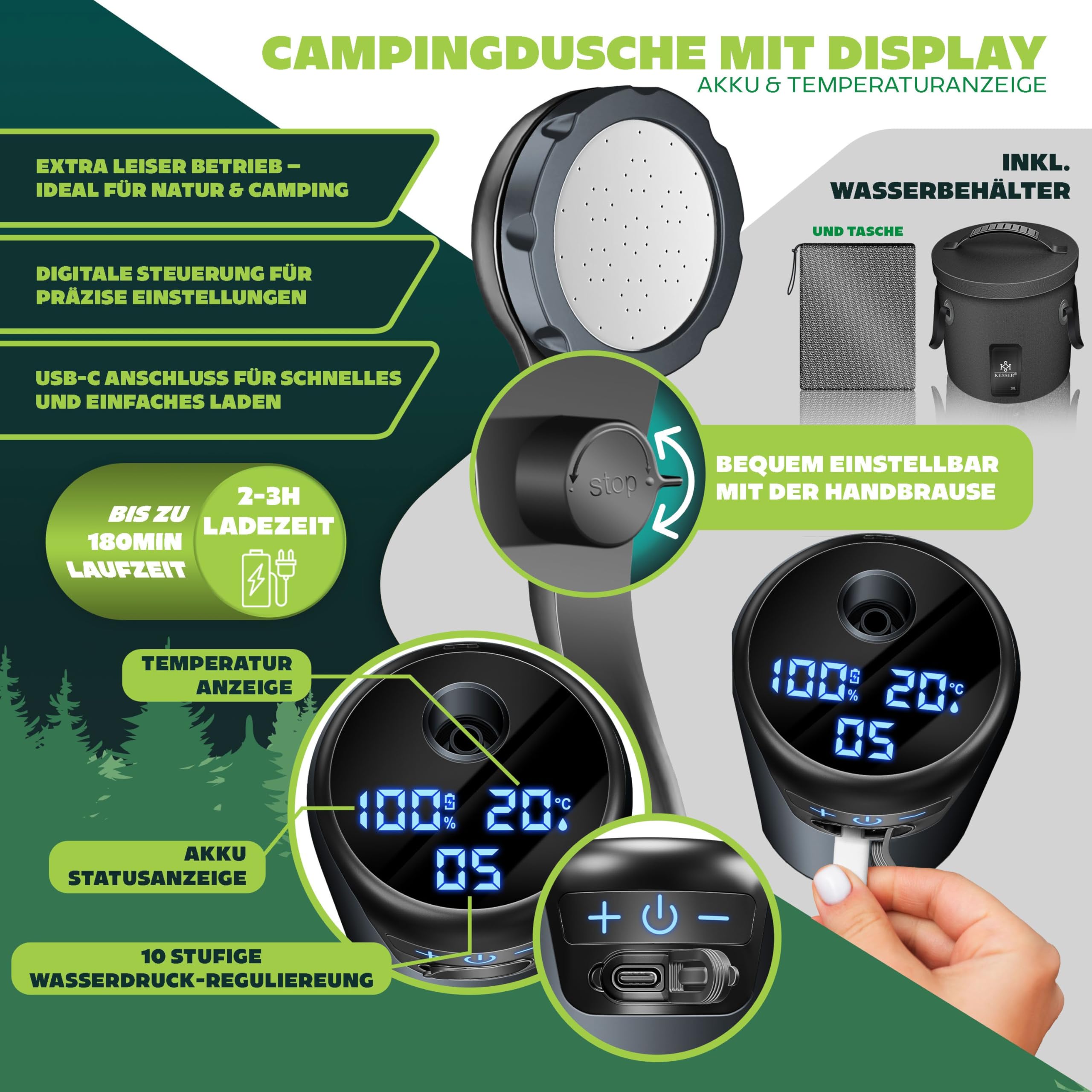 KESSER® Doccia solare da campeggio con pompa e batteria ricaricabile da 4000 mAh, set doccia da campeggio con soffione doccia regolabile, tubo da 2 m, pistola a spruzzo e supporto