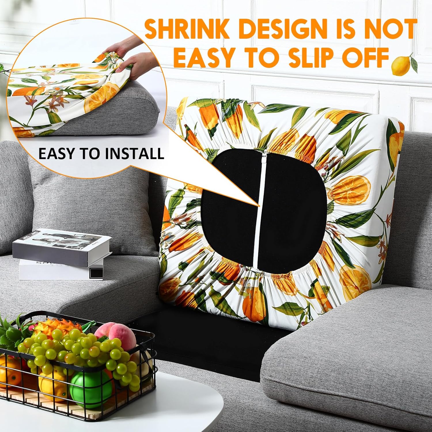 SmoothNovelty 8 Pcs Lemon Printed Couch Cover Stretch Floral Sofa Cushion Bohemian Printed Washable Cushion Covers with Elastic for Furniture Chair Bottom