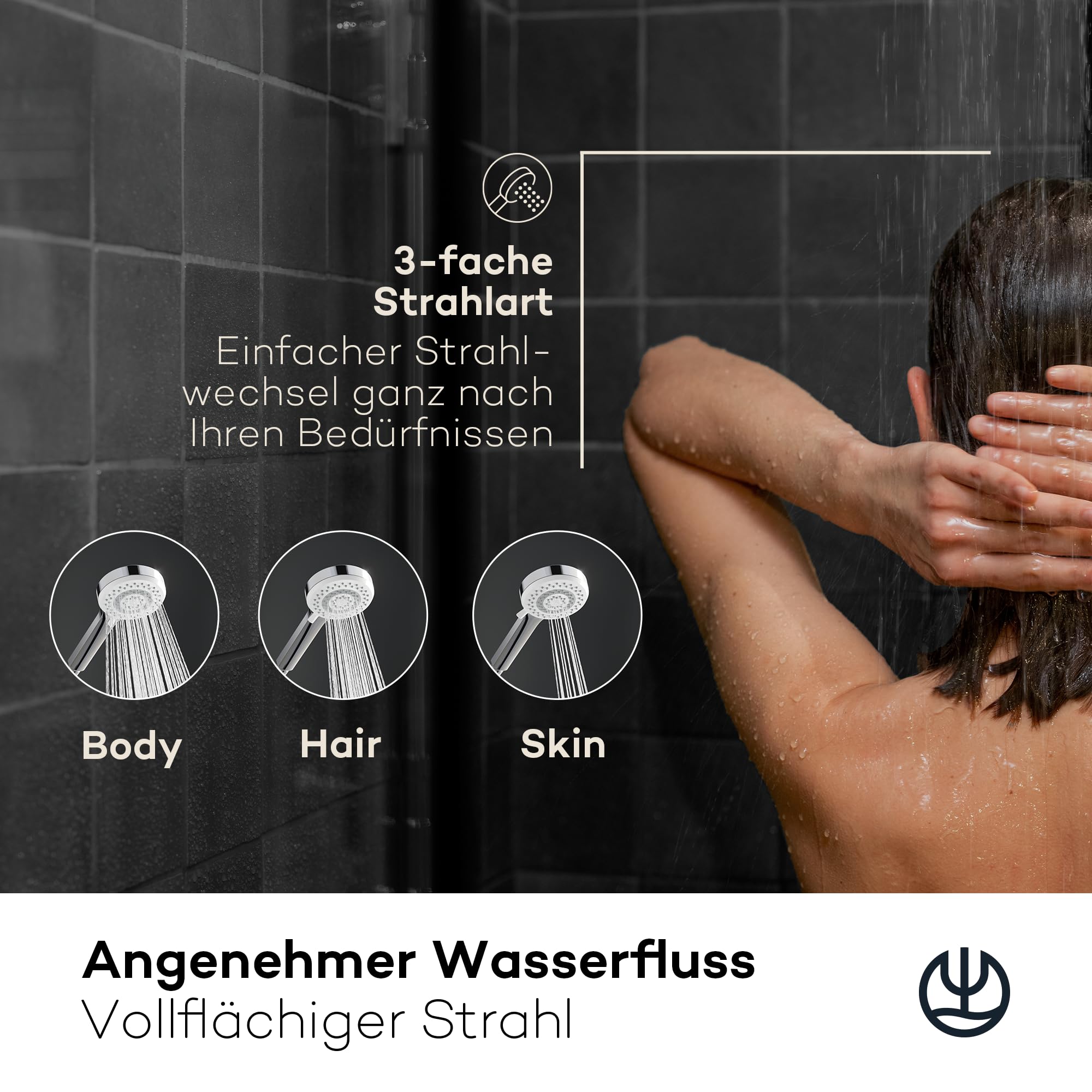 KLUDI-X1 Universal Duschkopf mit Schlauch, Duschbrause optional wassersparend mit 3 Strahlarten (Body, Hair, Skin), reinigungsfreundlicher Brausekopf Ø 10,7 cm, Duschschlauch 1,60 m