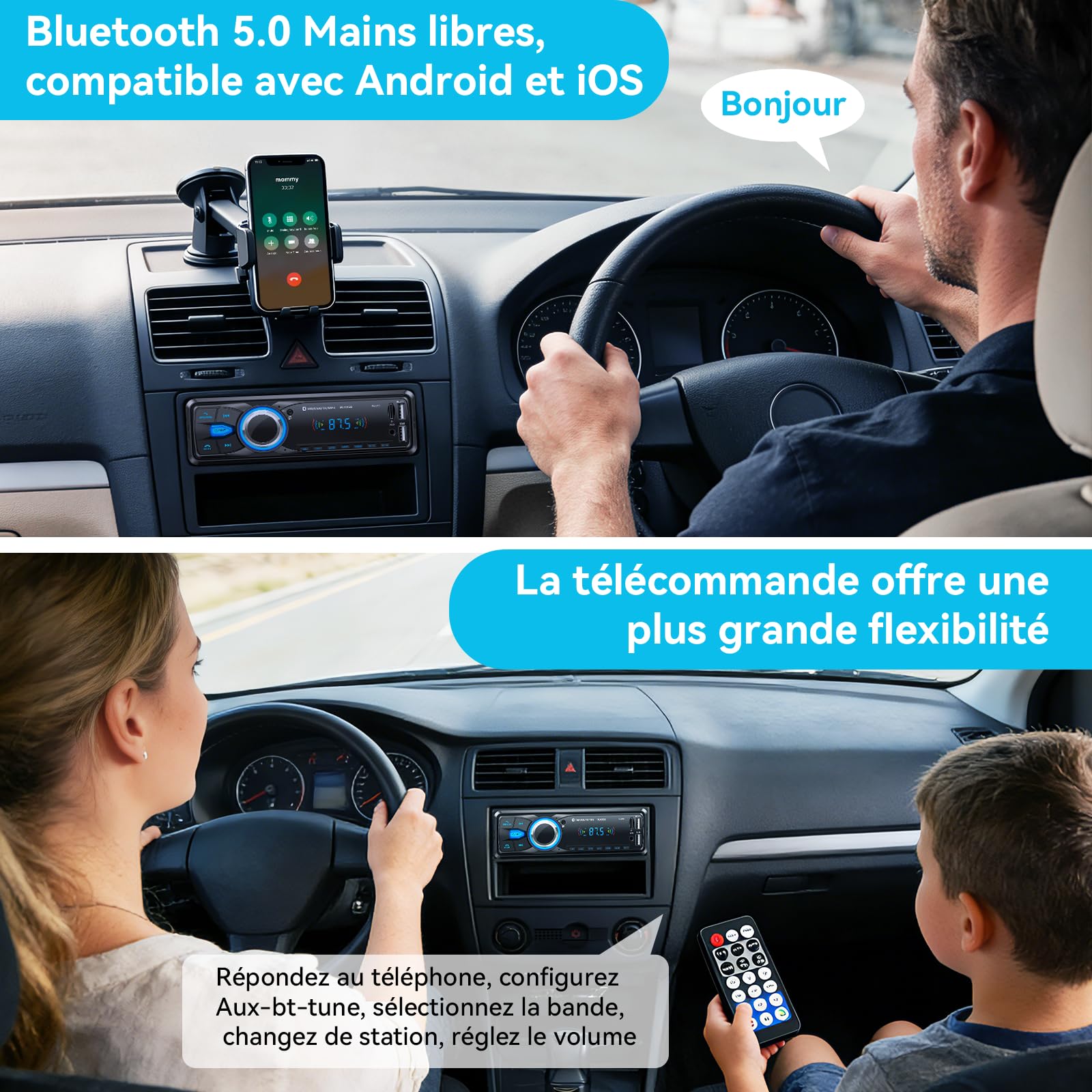 Autoradio Bluetooth, Wistrue Poste Radio Voiture Bluetooth avec Main Libre, FM 1 DIN Autoradio avec Port de Charge USB (2.1A), Lecteur MP3 et 2 USB/AUX/SD, Supporte WMA/WAV