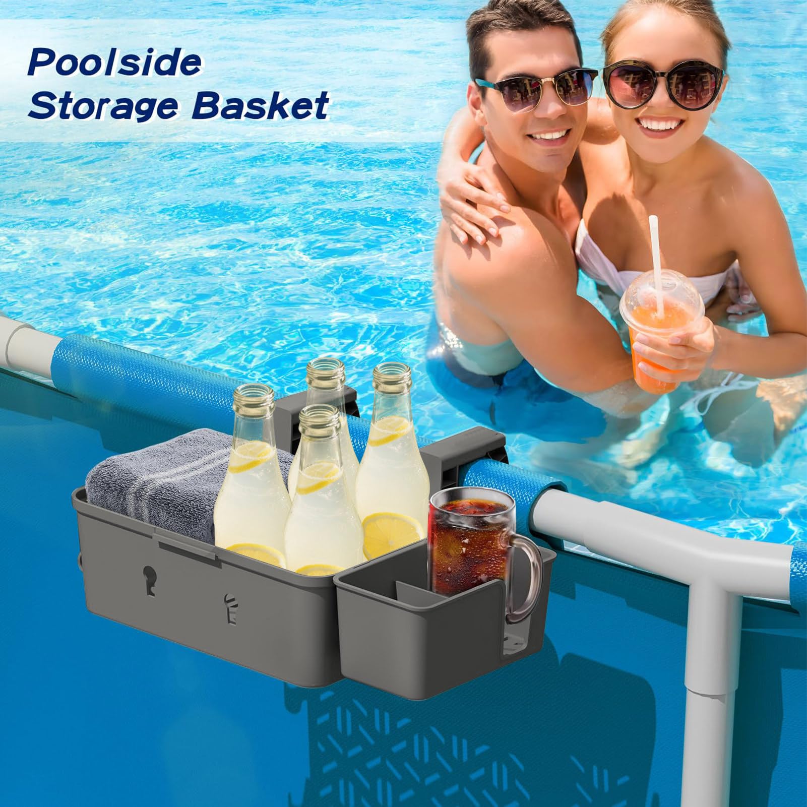 Panier Bord Piscine 42 X 21 X 13 Cm – Rangement Pratique Pour Hors-sol, Crochet Réglable, Facile à Installer
