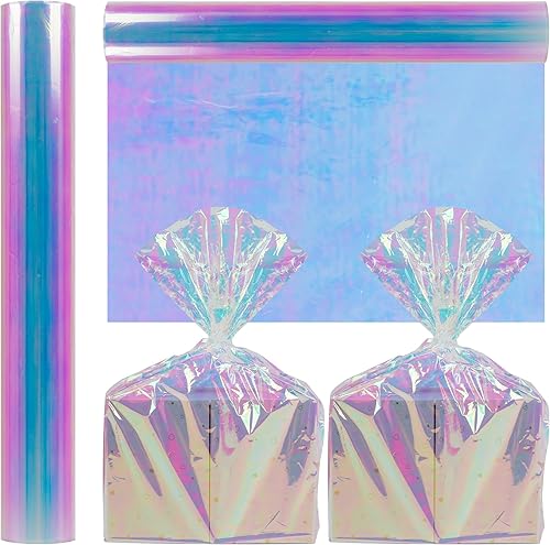 Kolewo4ever Rollo de celofán iridiscente de 32 pulgadas x 100 pies Wra Iridiscente de oro iridiscente Bolsas de celofán de película holográfica para