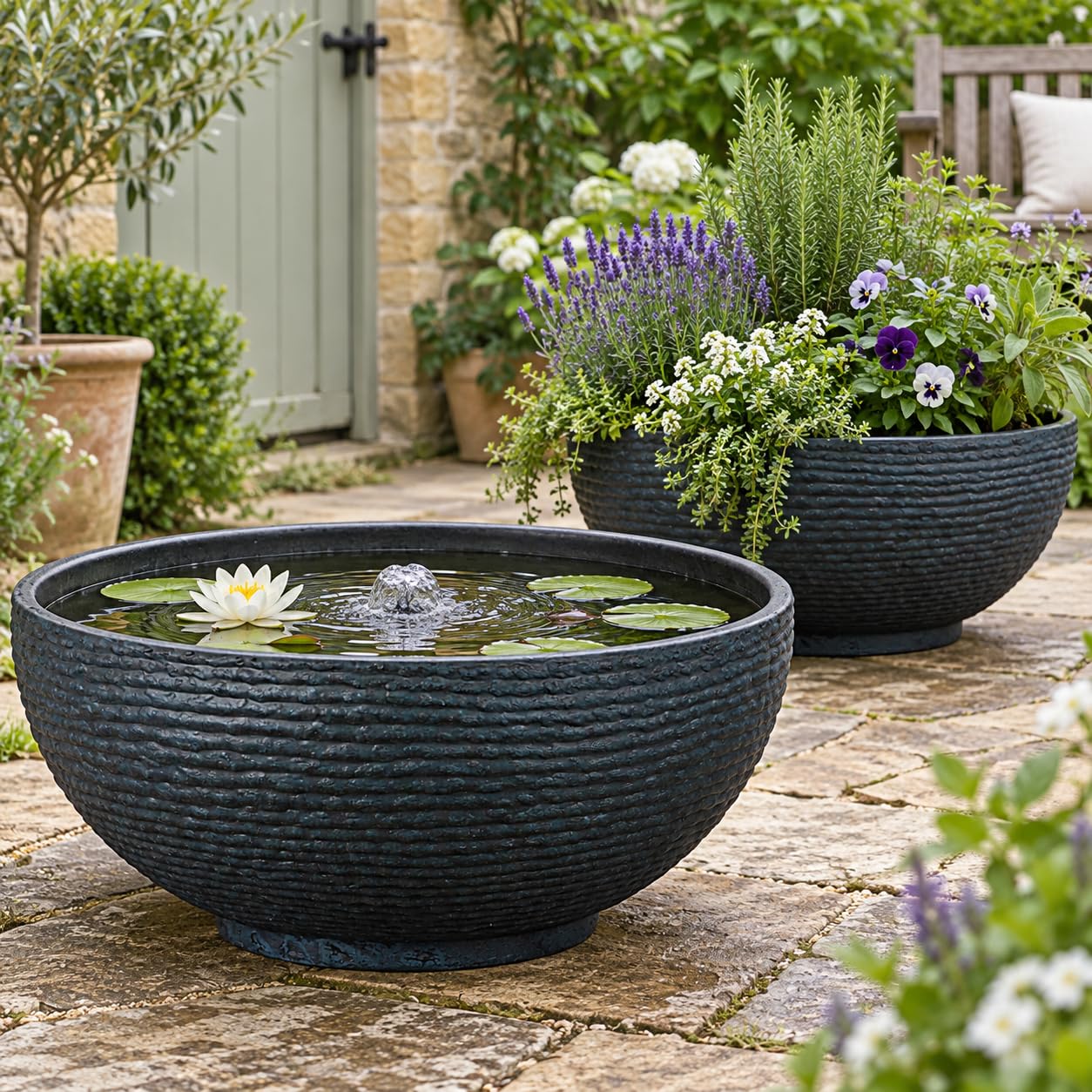 Muddy Hands Stone-Effect Bowl Water Feature Planters, 49cm, Pack of 2