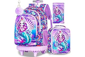 3-Piece Girls Mermaid Rolling School Backpack Combo: Purple Fun
