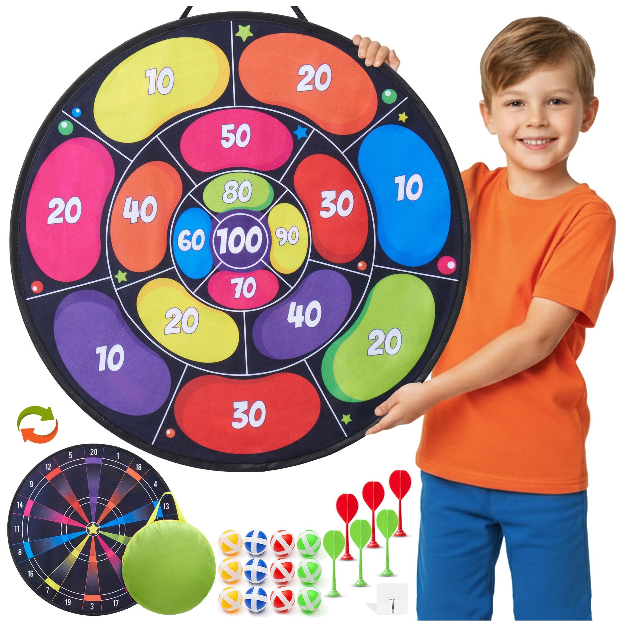 Cheerful Children Toys Jumbo Kids Dart Board Set XL or XXL, Large Velcro Dart Board with Reversible Designs, 16 Sticky Balls & 6 Darts - Indoor & Outdoor Garden Games for Ages 3-8 (Neon, 73cm)