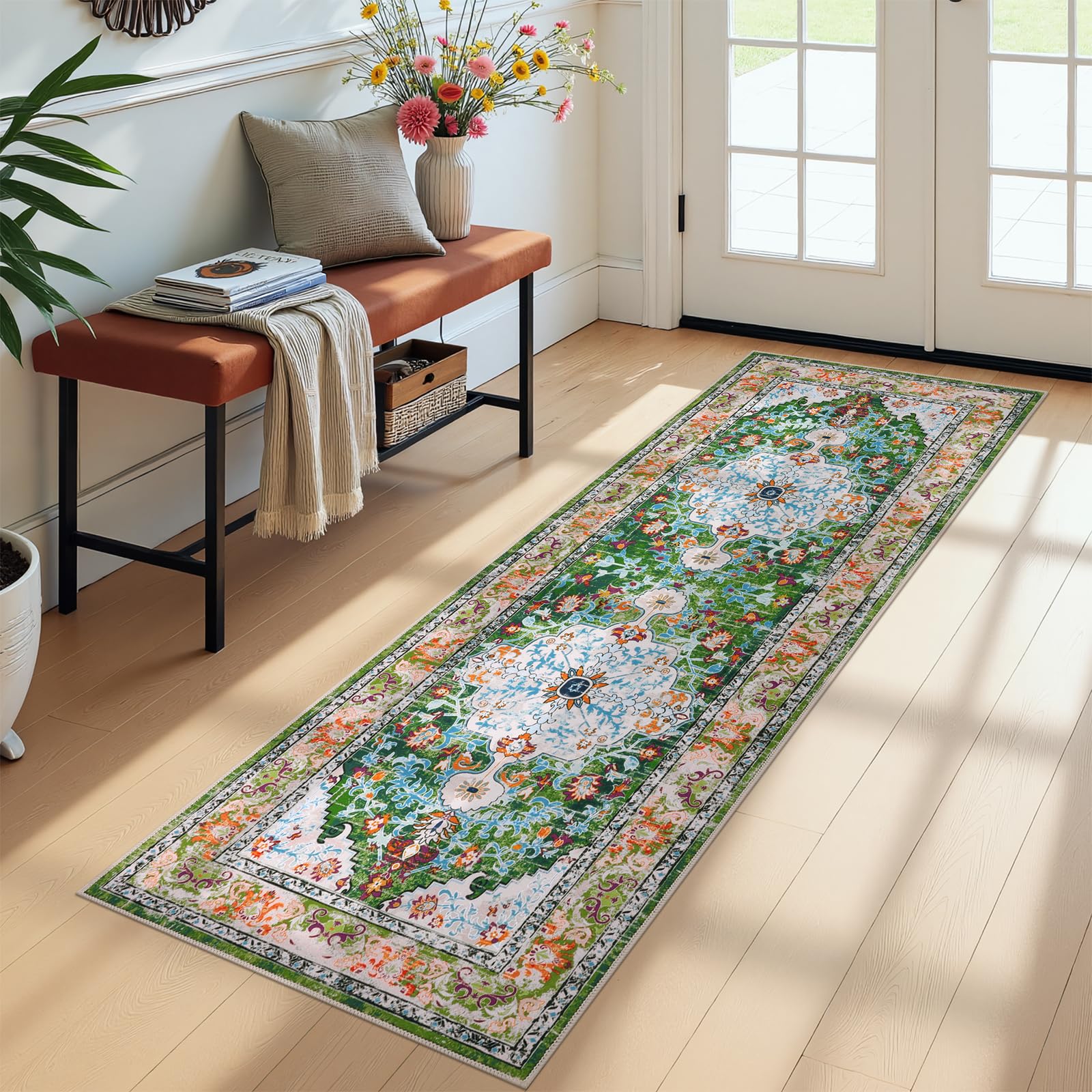 U'Artlines 2' x 6' Boho Hallway Runner Rug, Non Slip Washable Vintage Farmhouse Kitchen Rug Accent Area Carpet for Entryway Laundry and Living Room (Green)
