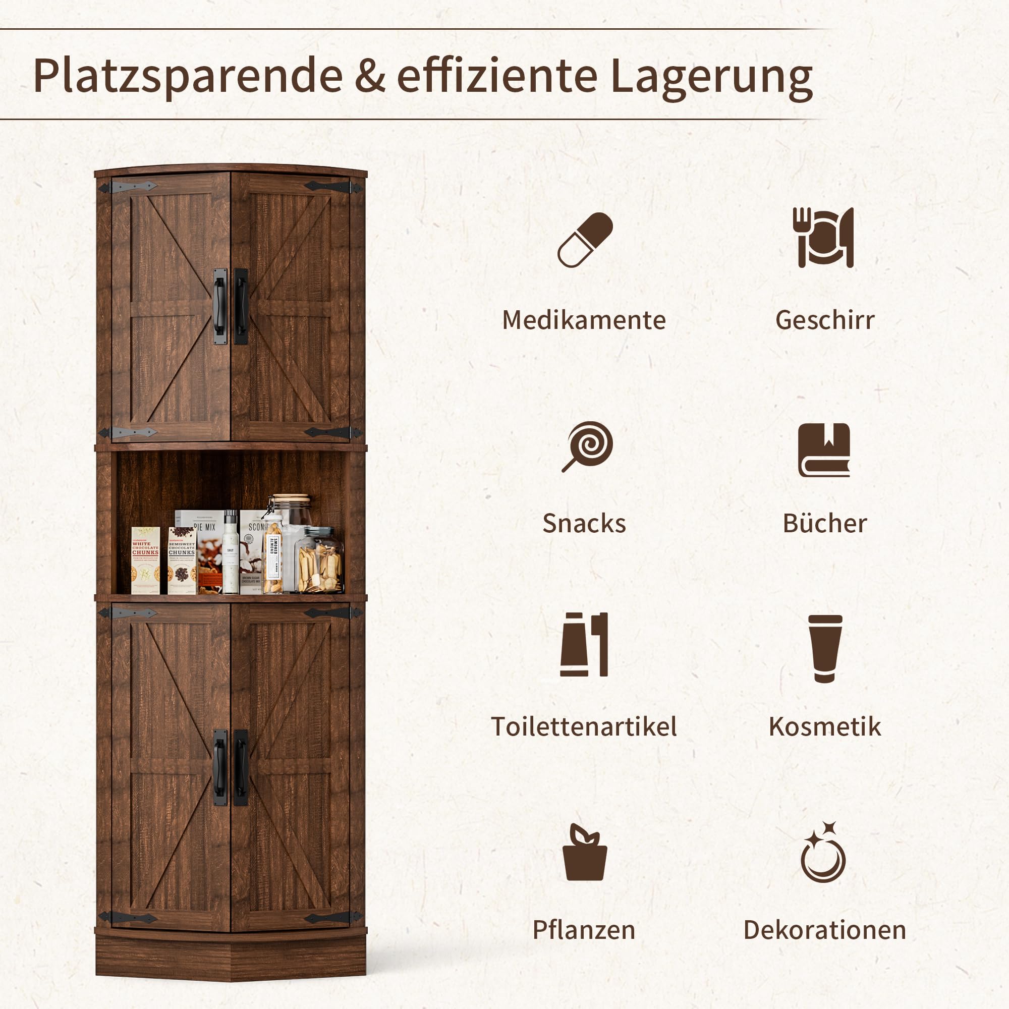 BonVache Küchenschrank Hoch, Eckschrank, Badezimmerschrank Schmal, Eckregal mit 4 Türen und 5 Ablageflächen, 165cm Aufbewahrungsschrank Holz, Hochschrank für Küche, Wohnzimmer, Esszimmer, Braun