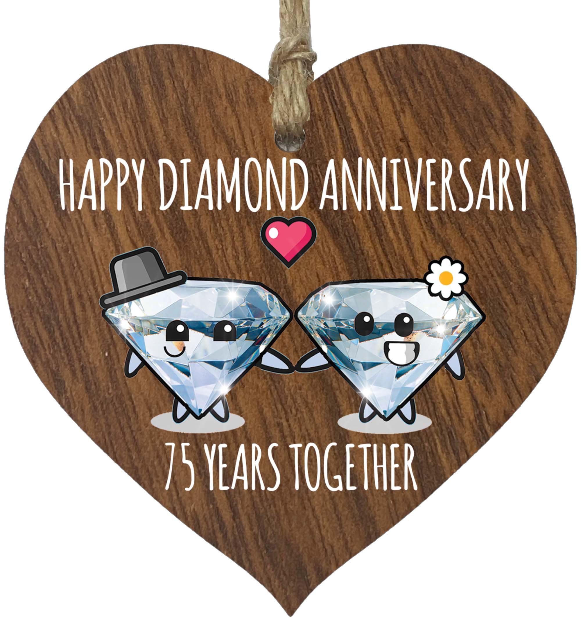 75th Wedding Anniversary Plaque Gift for Husband Wife - 75 Years Together - Happy Diamond Anniversary Wooden Heart for Women Men Partner, Dark Wood Sign Keepsake Gifts