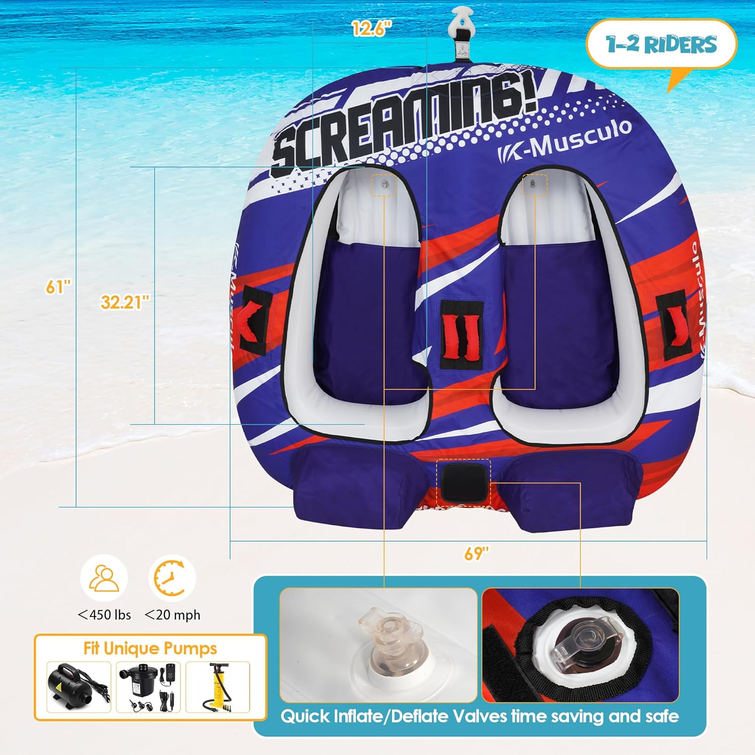 K-Musculo Towable Tubes Heavy Duty Water Tubes - 2 Person 360° wrap, Boat Tubes & Towables, EVA Foam Pads, Drainage, Super Safe Handle, Quick Connector