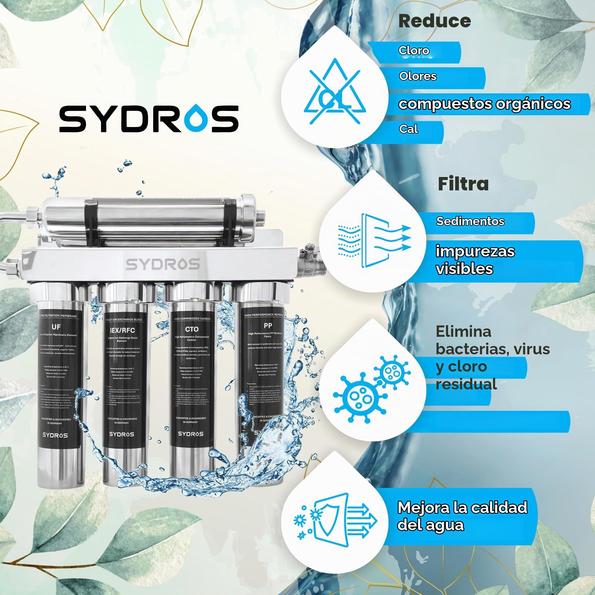 Sydros Optimus - Filtro de agua de 6 niveles que filtra el 99% de nanoplastia y PFAS, reduce el cloro de cal y 500 contaminantes de metales pesados, sin químicos, acero inoxidable, bajo mantenimiento