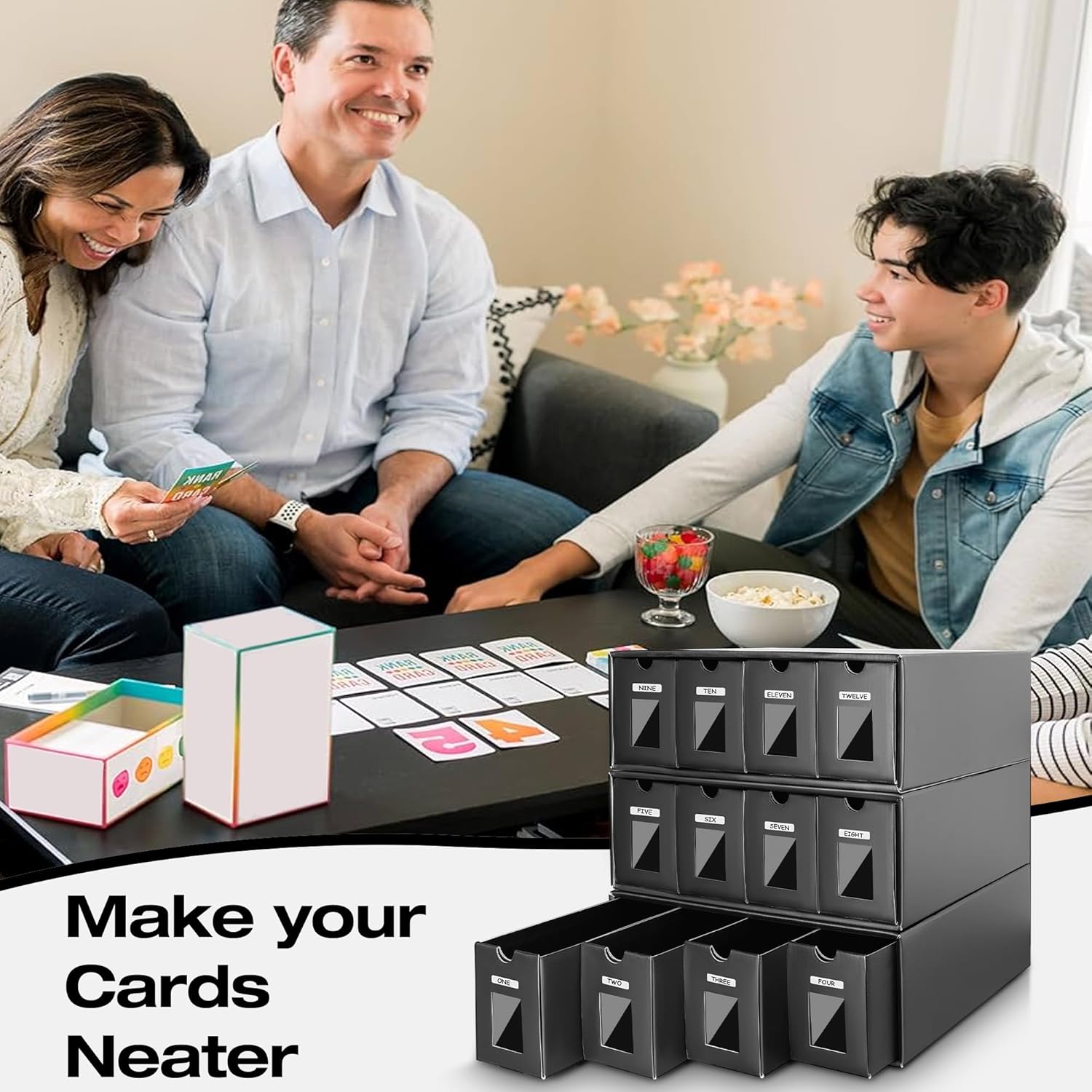 Trading Card Storage Box with 48 Dividers &12-600 CT Boxes, Fully Black Card Organizer Box with Scratch-Resistant Coating for MTG, TCG, Sport Cards, Trading Card Organizer with Labels & Tapes