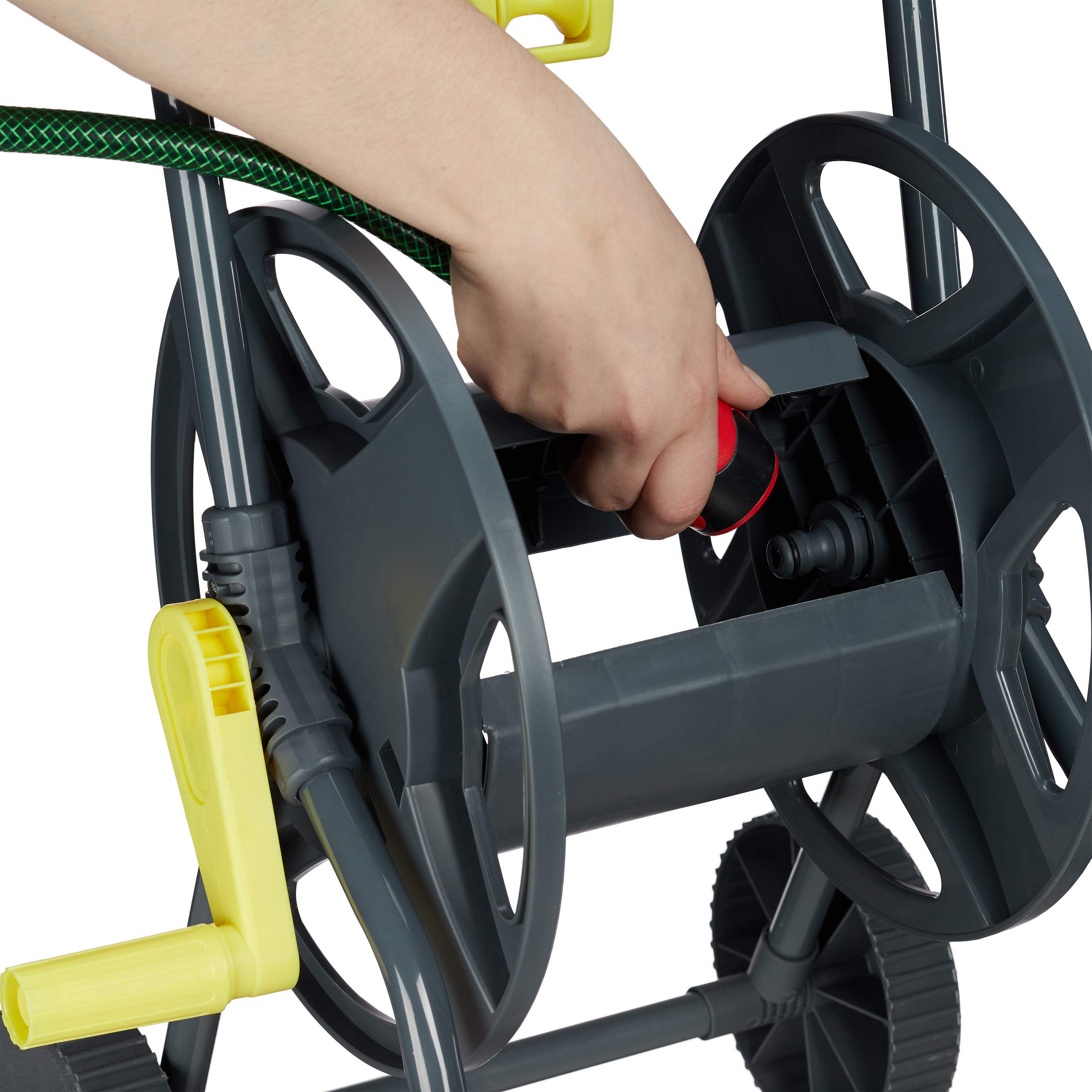 Relaxdays Chariot à Tuyau 45 m, roulettes pour Le Jardin & Le Balcon, avec Roues, 76,5x44x41 cm, arrosage, Gris - Jaune