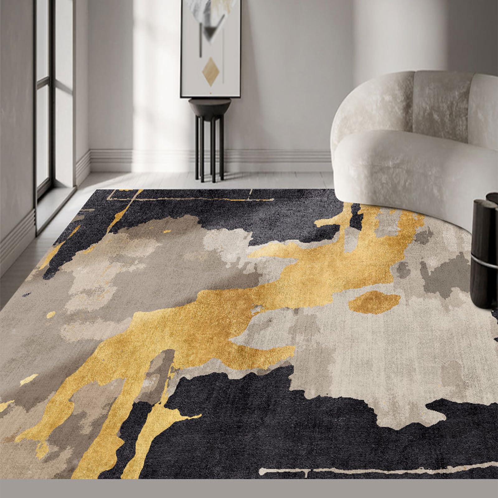 Tapis 60x120 cm jaune moutarde et motifs modernes pour l'entrée