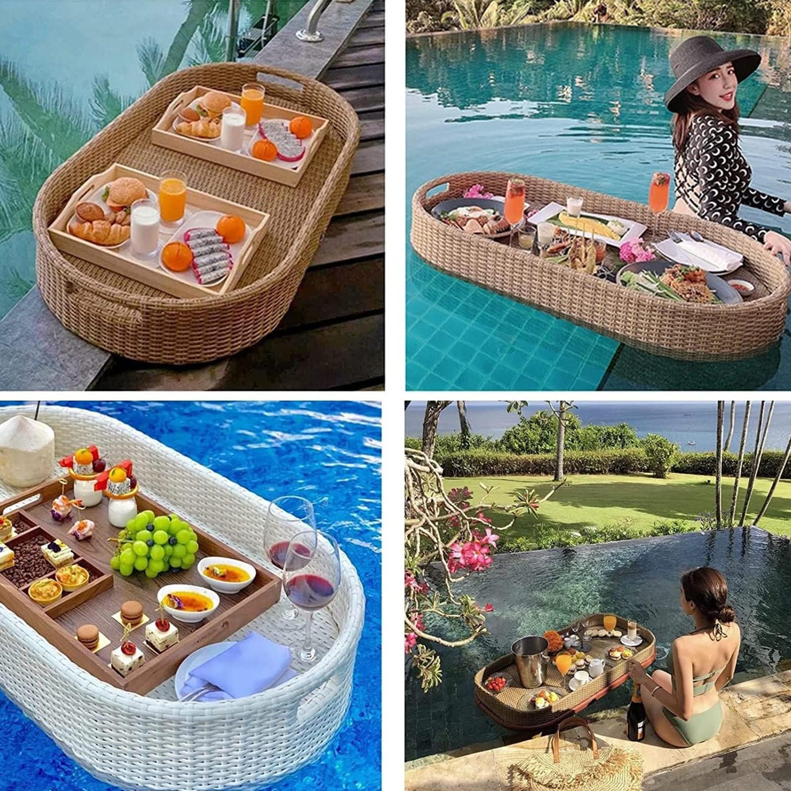Bandeja Flotante, Bandeja Tejida de ratán para Servir, Bandeja de Comida con Asas, Bandeja Flotante multifunción para Desayuno, flotadores de Piscina para Adultos para Bancos de Arena, spas,