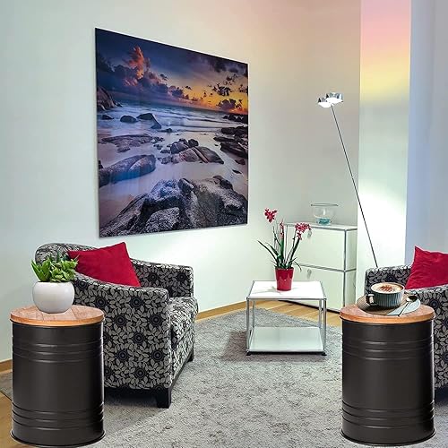 Miniatura 3 de Glitzhome Mesa anidable con almacenamiento, juego de 2 mesas auxiliares de granja con tapa, taburetes decorativos rústicos de barril de metal para