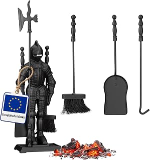 Relaxdays Kaminbesteck Ritter, Kamingarnitur Gusseisen, Kaminset 4 teilig, Schaufel, Besen, Schürhaken u Halter, schwarz