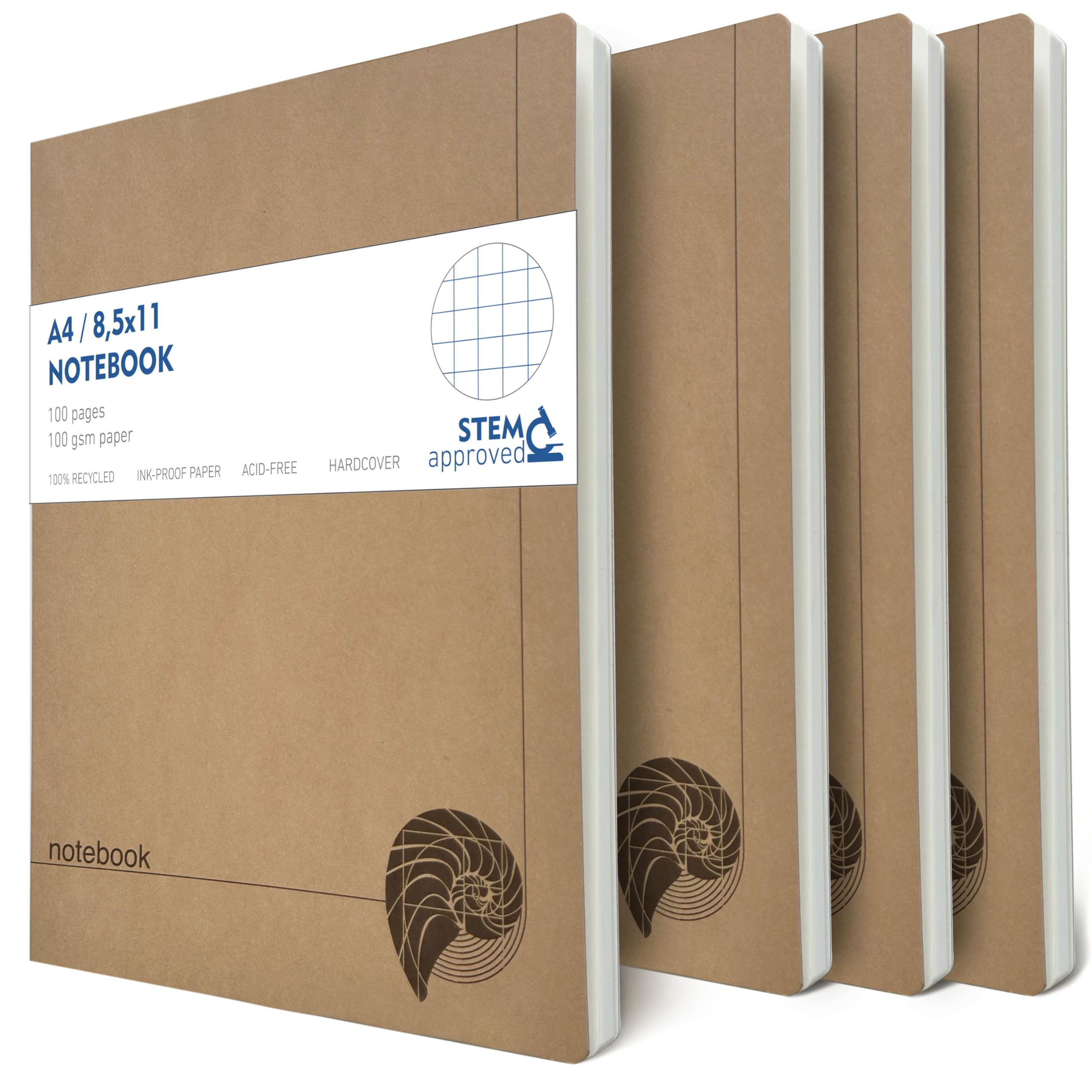 A4 Grid Notebook Set – 4 Pack Graph Paper Journals, 100 Pages, 100gsm, Lay Flat, Eco-Frie…