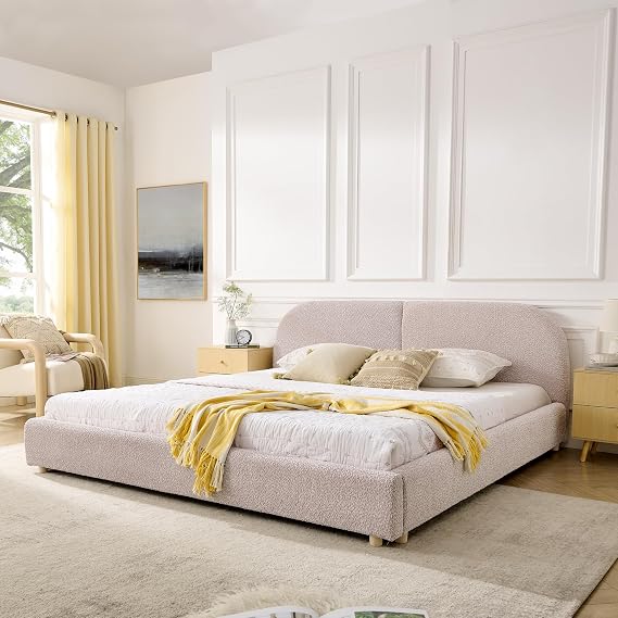 RuiSiSi King Size Upholstered Platform Bed with Curved Shaped Headboard, Upholstered Cloud Platform Bed with Sturdy Leg Support, No Box Spring Needed, Easy Assembly, Pink