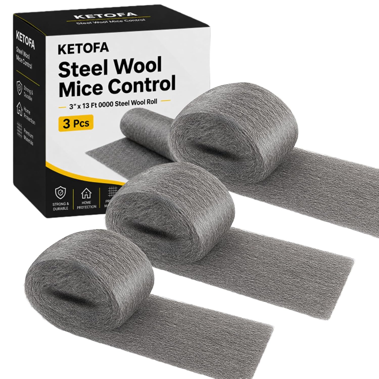 Ketofa 0000 Stainless Steel Wool for Mice Control, 3-Pack 3" x 13 Ft Rolls | Fine-Grade Hole Filler & Gap Blocker for Holes, Vents, Pipes and Siding, Cut-to-Fit for Indoor and Outdoor Home Sealing