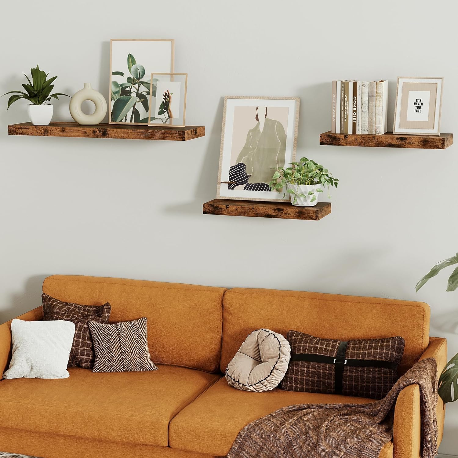 Vivelove Floating Shelves for Wall 16 inchs Long, Display Shelves with Invisible Brackets for Living Room, Bedroom, Kitchen, Bathroom Shelves Over Toilet Farmhouse Home Decor - Set of 2, Rustic Brown