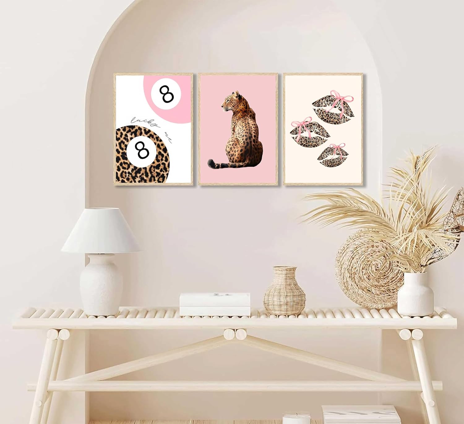 YUFXSTZV 3Pcs Pink Cheetah Wall Art Leopard Bow Print Painting Fashion Lucky 8 Ball Poster Leopard Lips Canvas Wall Decor Funky Preppy Room Aesthetic Picture for Girls Room Dorm Apartment Unframed