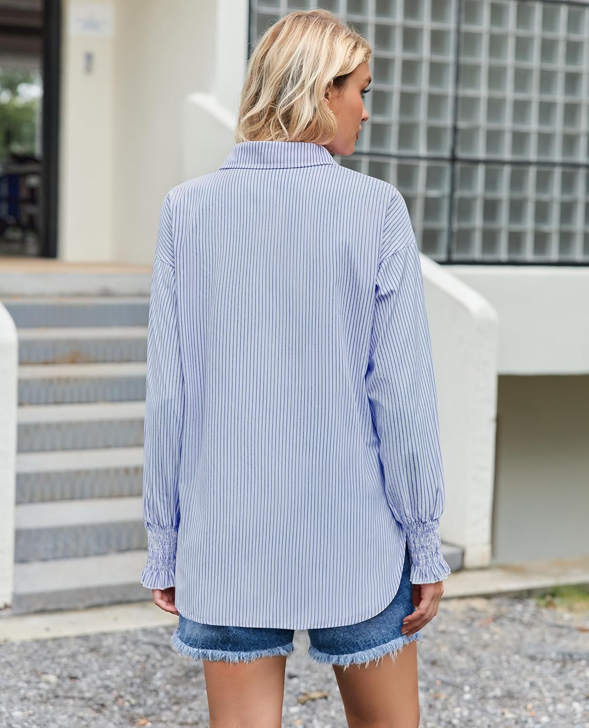 siliteelon Striped Button Down Shirts for Women Long Sleeve Blouses Boyfriend Plus Collared Smocked Business Casual Tops - Image 3