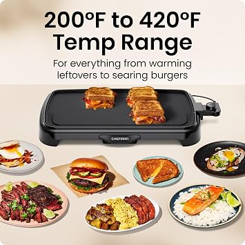 Chefman XL Electric Griddle with Removable Temperature Control, Immersible Flat Top Grill, Burger, Eggs, Pancake Griddle, Nonstick Extra Large Cooking Surface, Slide Out Drip Tray, 10 x 20 Inch
