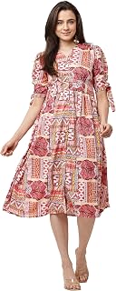 JUSTHER Women's Jaipuri Ethnic Motif Print Fit and Flare Dress | V-Neck A-Line Midi Frock Price In India