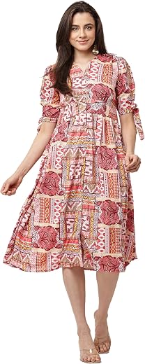 JUSTHER Women's Jaipuri Ethnic Motif Print Fit and Flare Dress | V-Neck A-Line Midi Frock