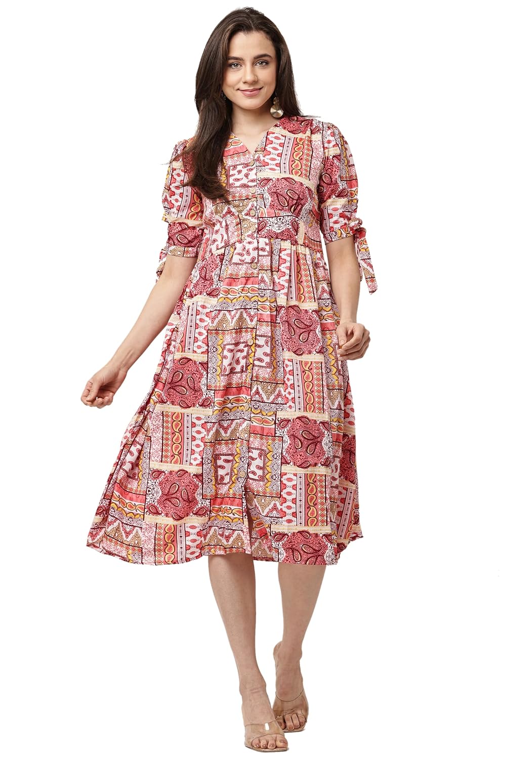 JUSTHER Women's Jaipuri Ethnic Motif Print Fit and Flare Dress | V-Neck A-Line Midi Frock - Review, Price and Buying Guide