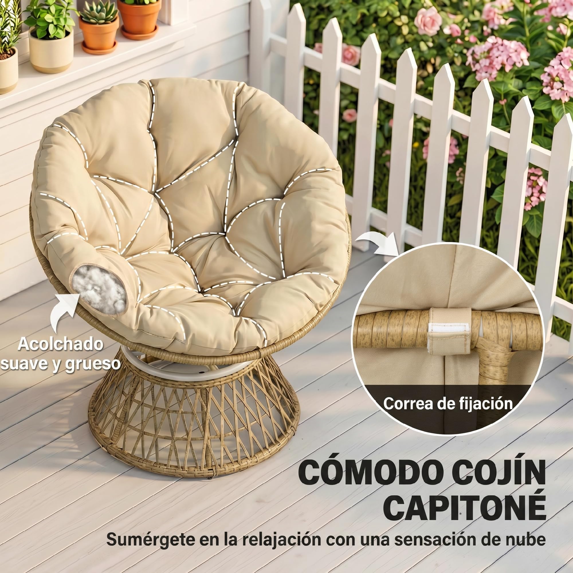 Outsunny Sillón Papasan Giratorio 360° de Ratán Sintético, Silla Redonda de Mimbre PE con Cojín y Marco de Acero, Resistente a Intemperie, Carga 120 kg, para Jardín, Terraza, 85x70x82 cm, Amarillo