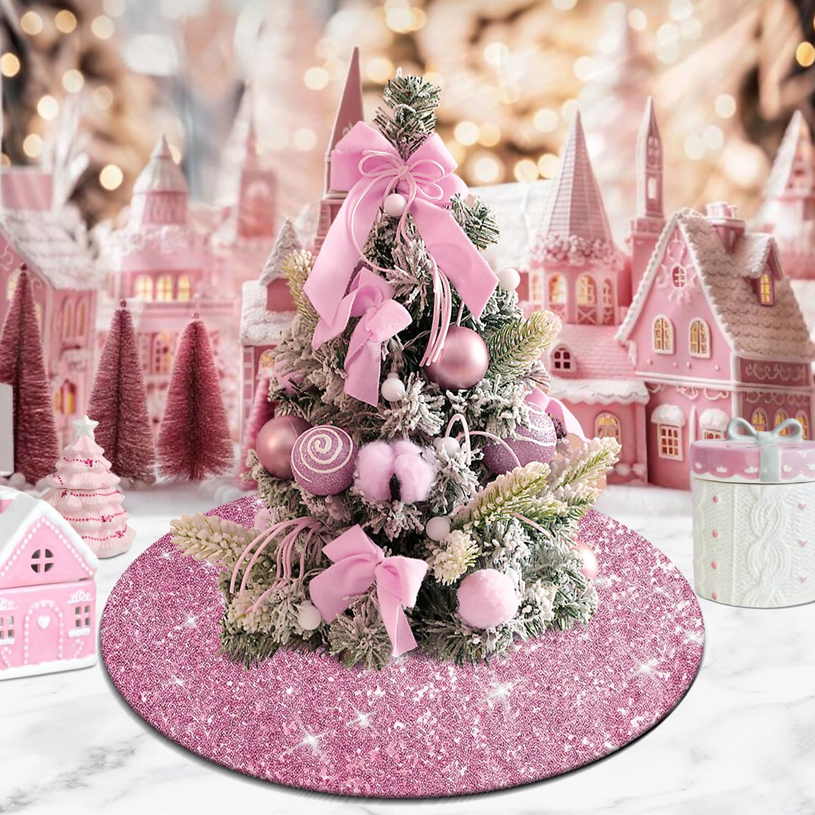 yuboo Mini Pink Christmas Tree Skirt Sequin, 24 inches Glitter Table Top Easter Tree Skirt for 2-3 Foot Christmas Tree for Easter Decorations for Home