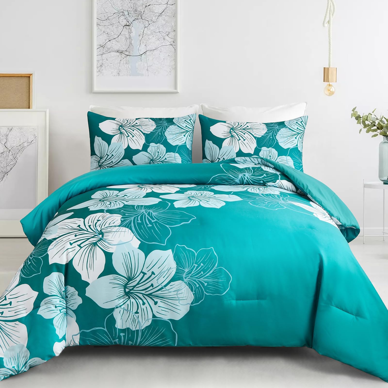 California King Comforter Set Gradient Teal Bedding Floral Comforter Sets Soft Microfiber Bed Comforter Set for All Season,3 Piece Botanical Flowers Comforter,Pillowcases