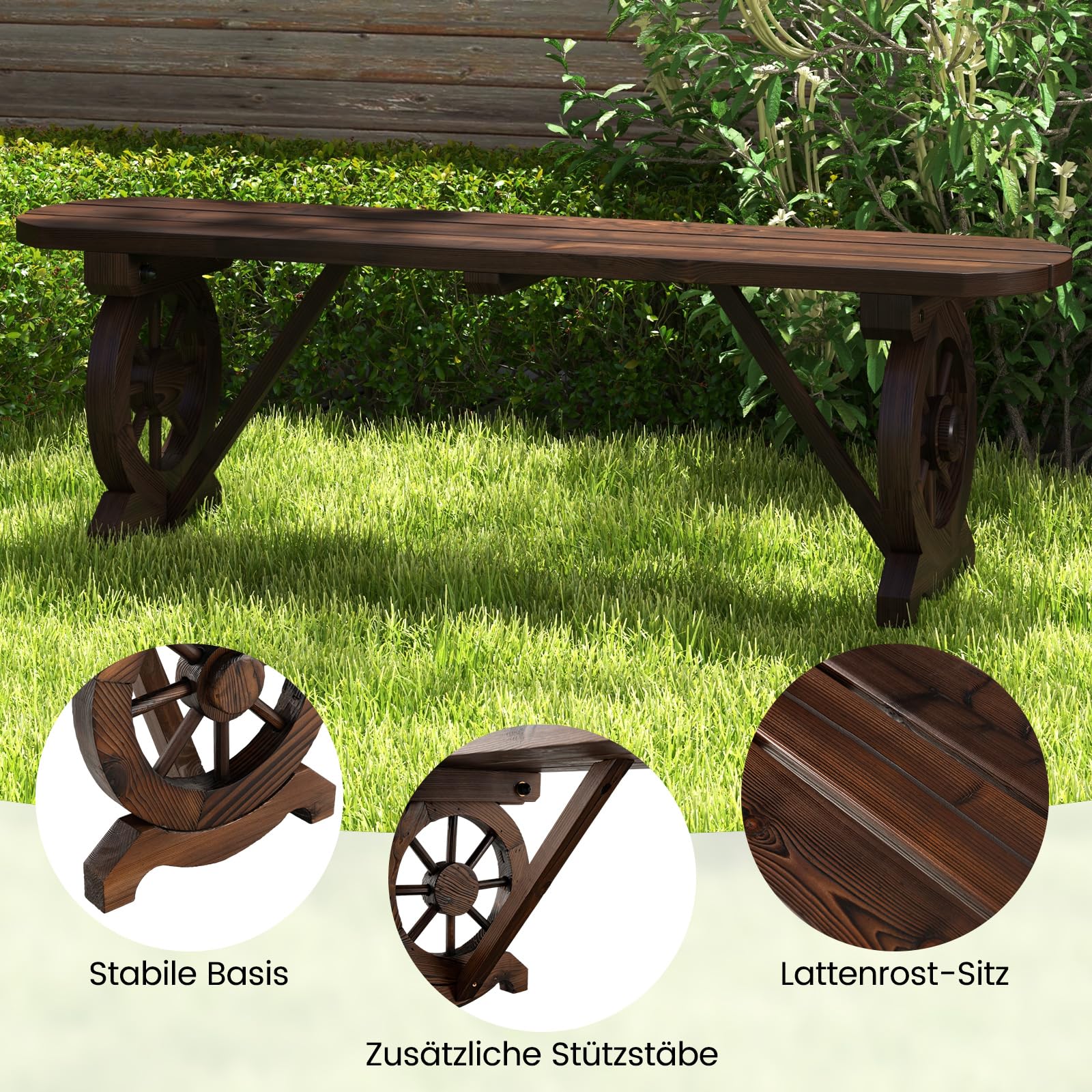 COSTWAY Gartenbank ohne Rückenlehne, wetterfeste Sitzbank, Holzbank für 2-3 Sitzer bis 325 kg belastbar, Terrassenbank aus Holz, Parkbank im Wagenrad-Design für Garten, Balkon, 113 x 28 x 37 cm